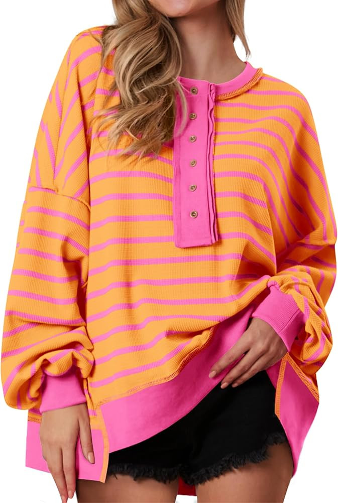 PRETTYGARDEN Womens Fall 2024 Striped Oversized Sweatshirt Long Sleeve Button Up Henley Neck Waff... | Amazon (US)