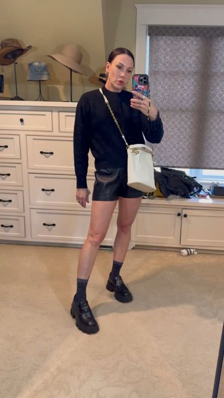 Dior sweater, leather shorts, Prada loafers and a Dior bag. I was really loving this outfit situation! Wearing size small in shirt and shorts. Size 7.5 in loafers. 

#LTKstyletip #LTKover40 #LTKVideo