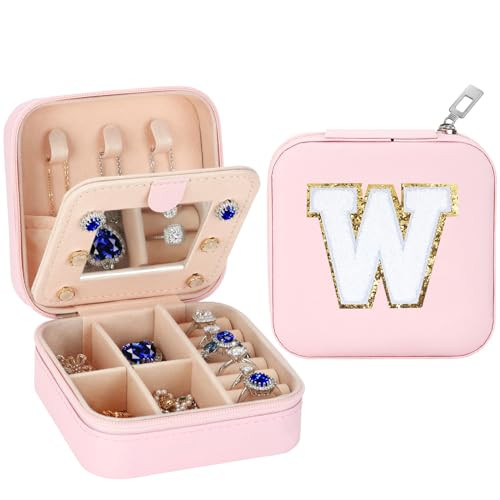 Small Travel Jewelry Box Organizer with Mirror, Women Teen Girl Gifts Trendy Stuff, Double Layer Portable Travel Case Display Storage Holder Boxes for Stud Earrings, Rings, Necklaces, Bracelets (W) | Amazon (US)