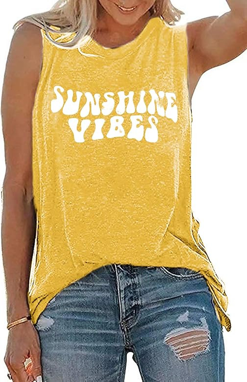 Sunshine Vibes Letter Print Vest T Shirt Women's Summer Sleeveless Graphic Tank Tops Casual Loose... | Amazon (US)