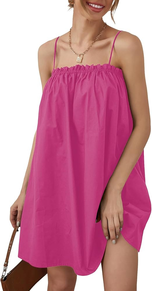 OYOANGLE Women's Spaghetti Straps Sleeveless Loose Ruffle A Line Cami Short Dress with Pocket | Amazon (US)