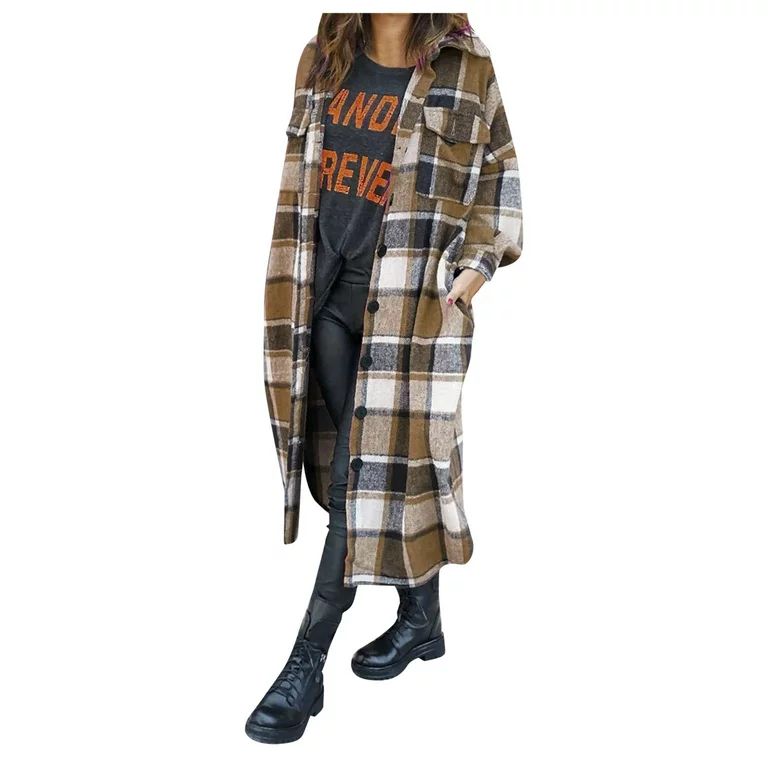Women Jacket Trench Coat Fashion Outwear Plaid Print Long Sleeve Lapel Long | Walmart (US)