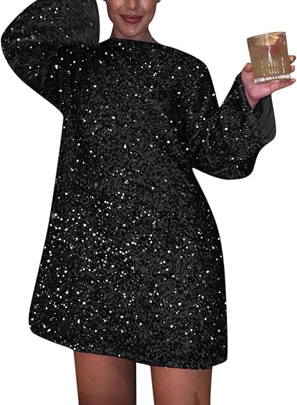 Women's Summer Dress Round Neck Long Sleeve Sparkling Sequin Dress Backless Bow Sexy and Cute Par... | Amazon (US)