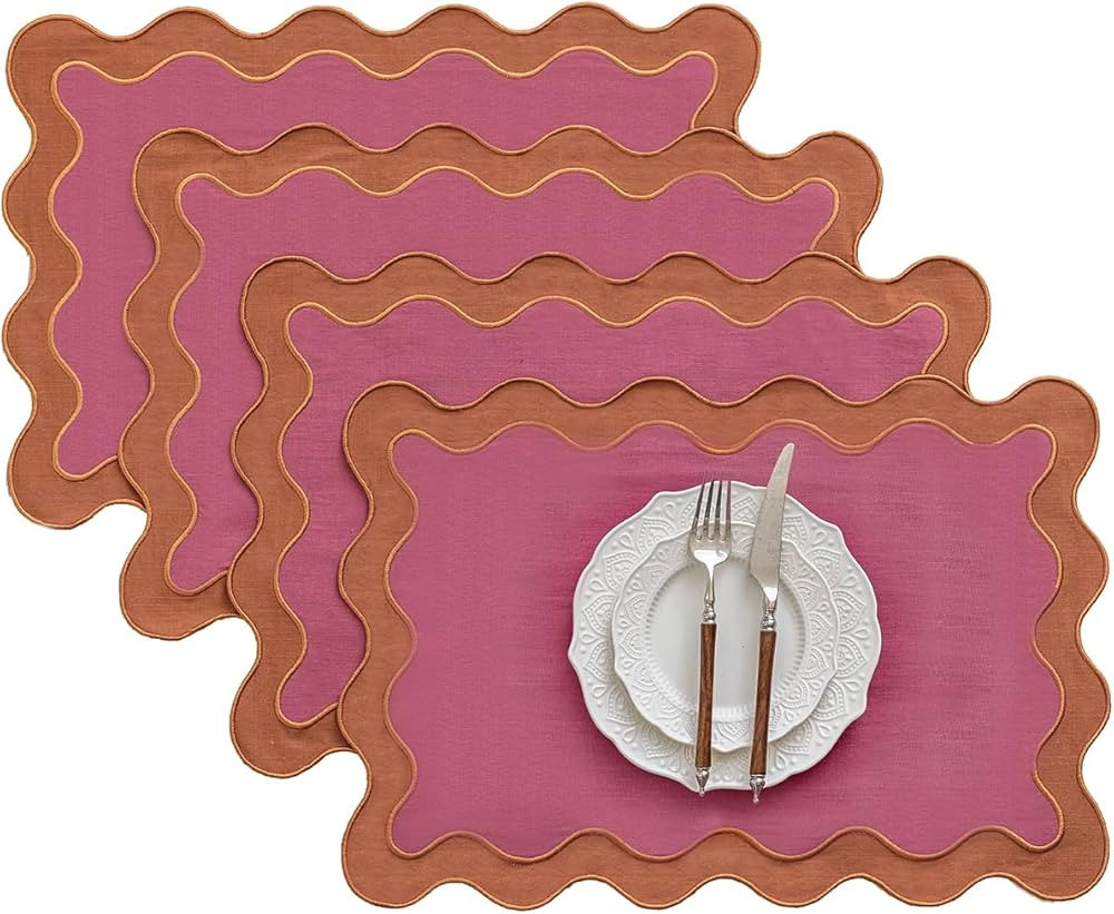 Set of 4,13"x19" Cotton Table Placemats with Wavy Edge, Machine Washable Table Mats for Dining Ta... | Amazon (US)