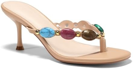 Coutgo Womens Kitten Heels Thong Sandals Open Toe Jeweled Flip Flop Slip On Slides Mules Summer B... | Amazon (US)