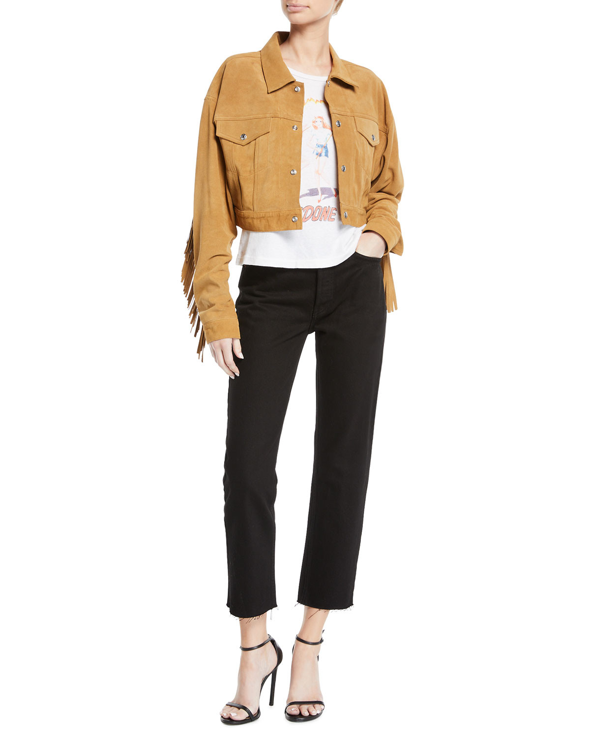 High-Rise Stovepipe Raw-Edge Cropped Jeans | Neiman Marcus