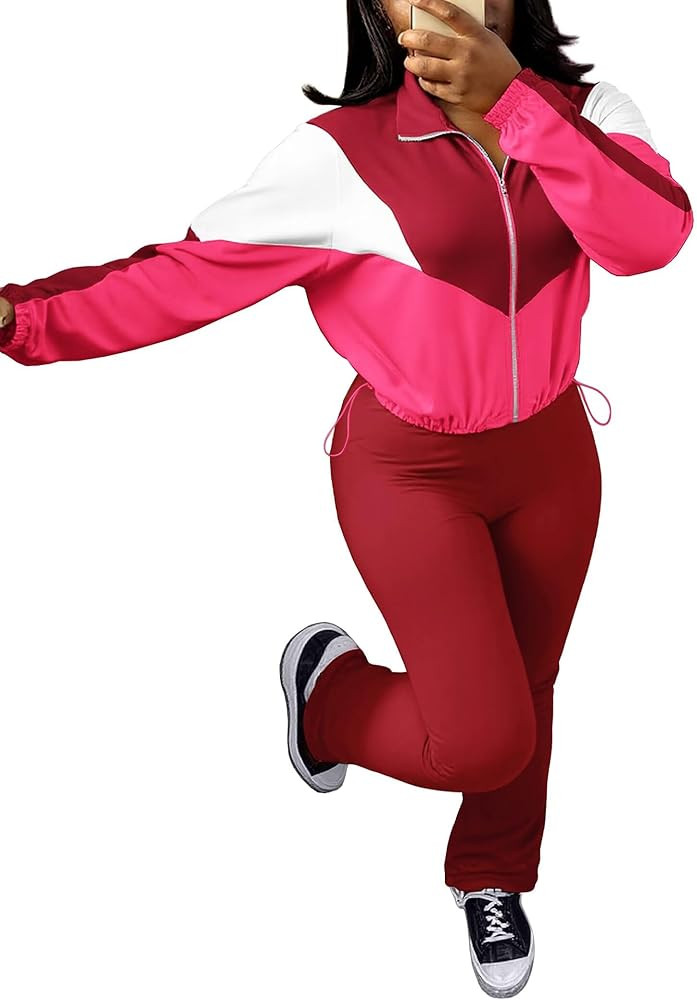 Ophestin Women 2 Piece Outfits 2025 Fall Sweatsuits Color Block Long Sleeve Zip Up Cropped Jacket... | Amazon (US)