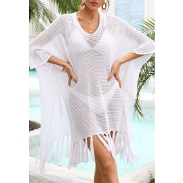 Fringed Hem Pointelle Knit Cover Up in White | Chicwish