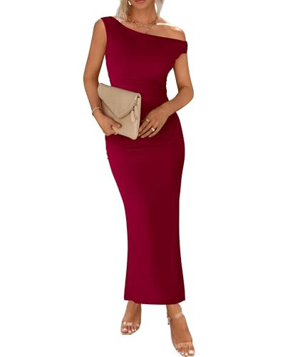 BTFBM 2026 Summer Wedding Guest Dresses for Women One Shoulder Bodycon Ruched Mesh Formal Cocktail Spring Fall Maxi Dress(Wine Red, Small) | Amazon (US)