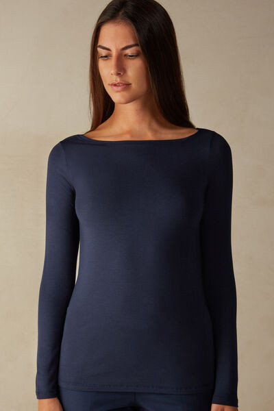 Intimissimi Long Sleeve Bateau Neck Top in Micromodal Woman Blue Size M | Intimissimi (US)