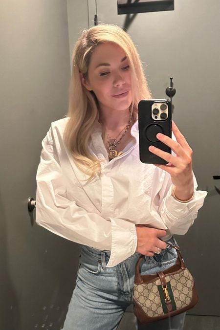 White button down 
Jeans 
Denim
Bag
Gucci bag 

Resort wear
Vacation outfit
Date night outfit
Spring outfit
#Itkseasonal
#Itkover40
#Itku
#LTKfindsunder100