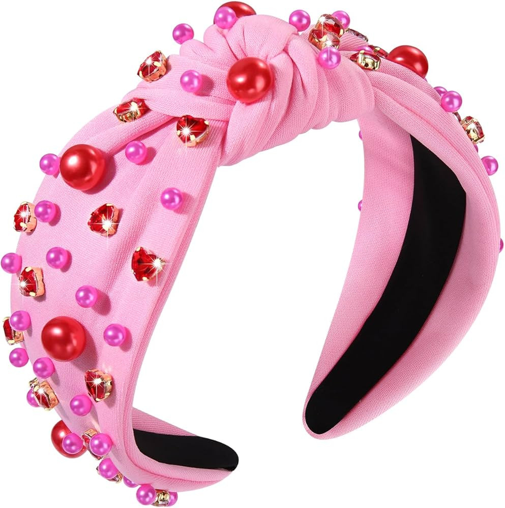 Amazon.com : GLBCC Valentines Day Headband Red Heart Rhinestone Knotted Headband Hot Pink Pearl W... | Amazon (US)