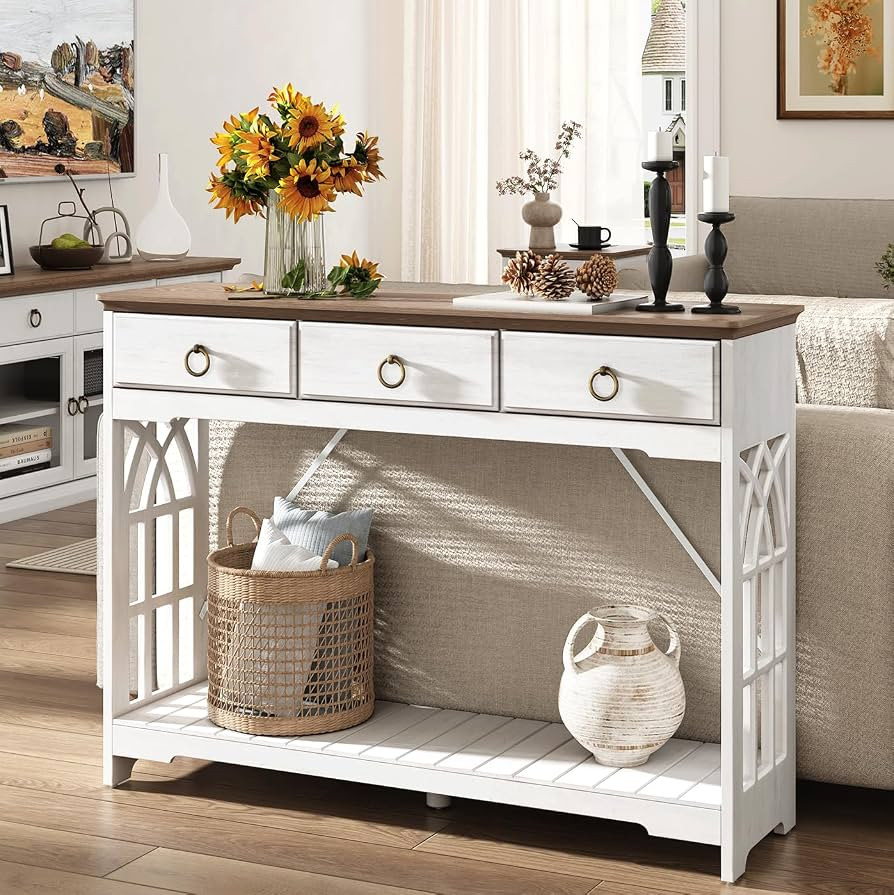 JOINICE,43" Console Tables with Drawers,Farmhouse Entryway Table with Shelf and Solid Wood Legs,N... | Amazon (US)