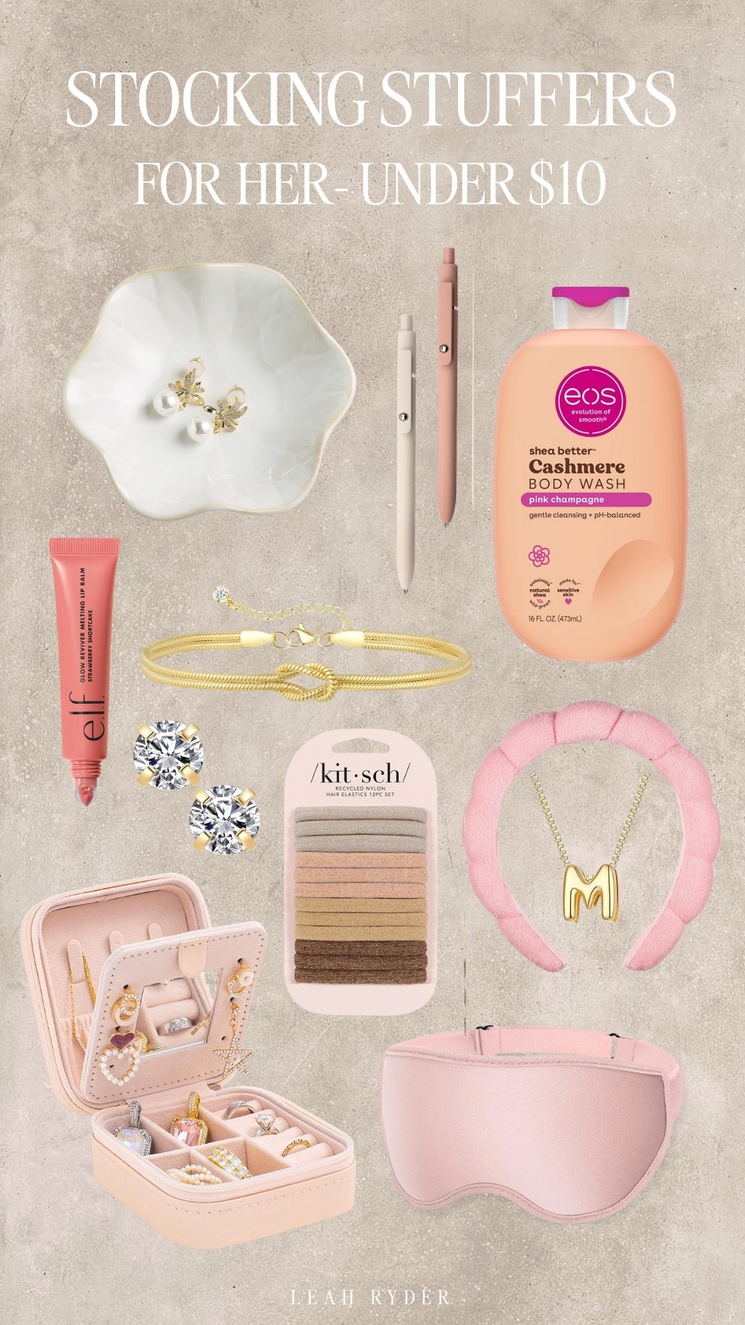 These under-$10 Amazon stocking stuffers include beauty, jewelry, and everyday essentials. Budget-friendly options like EOS body wash and e.l.f. lip balm make great practical fillers. Small accessories such as pearl studs, hair elastics, and initial necklaces add a personalized touch. Compact pieces like jewelry cases and pens are easy to wrap and perfect for quick gifting.

#LTKselfcare #LTKHoliday #LTKGiftGuide