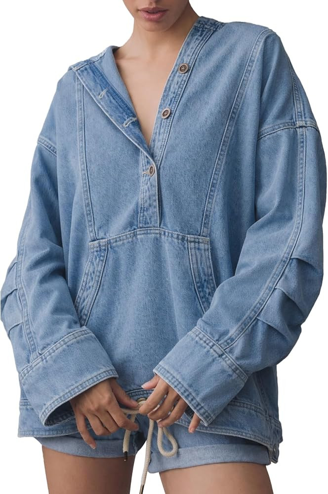 Kedera Women's Denim Hoodie Button Up Pullover Jacket Jean Oversized Sweatshirt Tops with Pocket | Amazon (US)