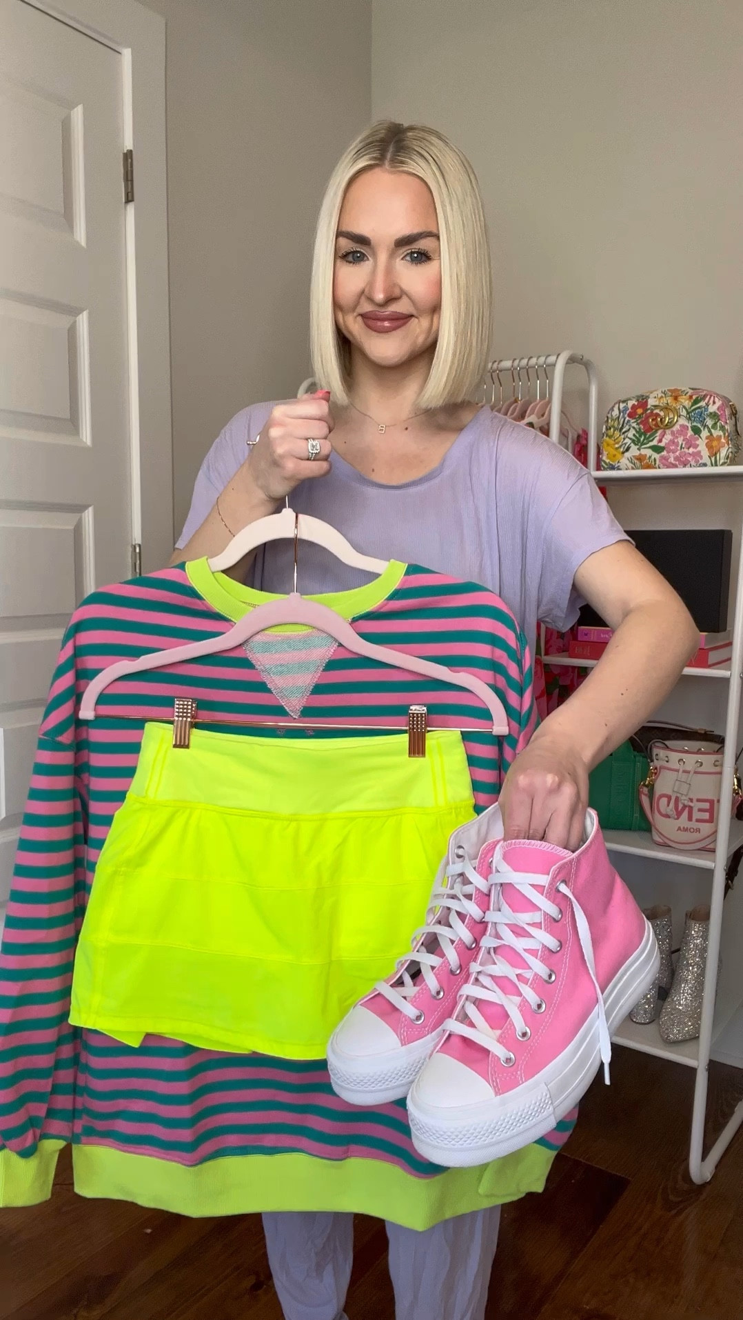 Striped oversized sweatshirt / free people inspired Amazon sweatshirt / Amazon fashion / Amazon finds / pink converse outfit / lululemon inspired skirt / colorful outfit / casual colorful outfit 
Size: SM top, 2 in skirt but could do the 4 

#LTKfindsunder50 #LTKVideo #LTKstyletip
