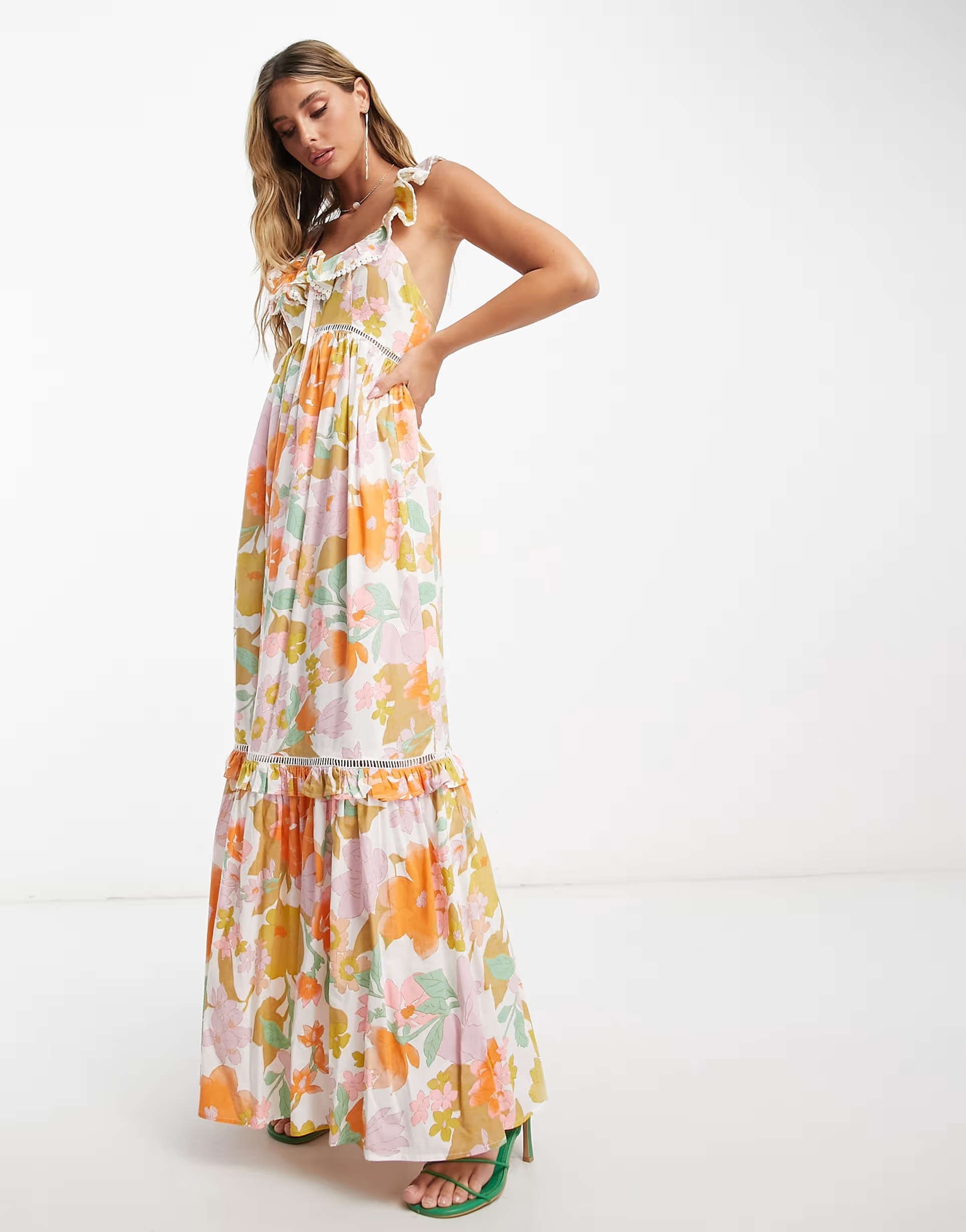 ASOS DESIGN ruffle maxi sundress with lace inserts in retro floral | ASOS (Global)