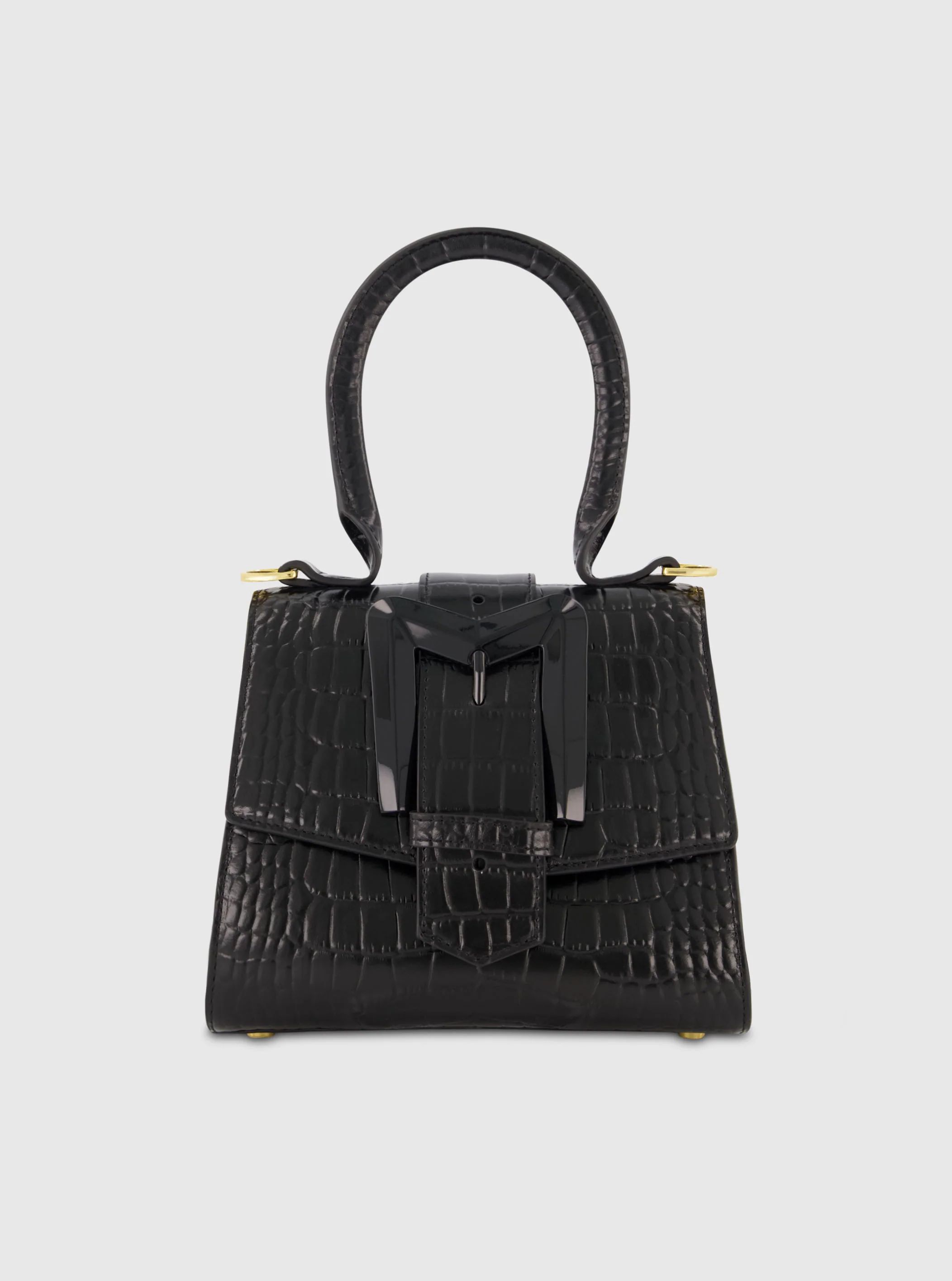 Buckled Mini Croco Black Leather Handbag with Detachable Strap | Mac Duggal