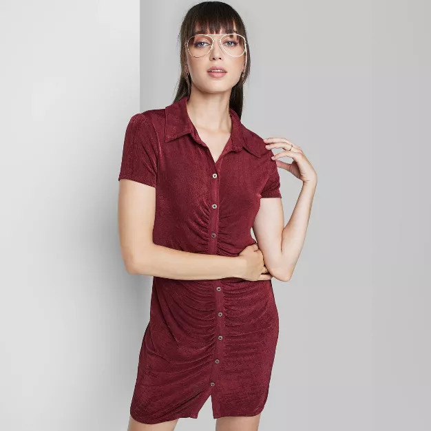 Women's Short Sleeve Button-Front Bodycon Dress - Wild Fable™ Berry Red S | Target