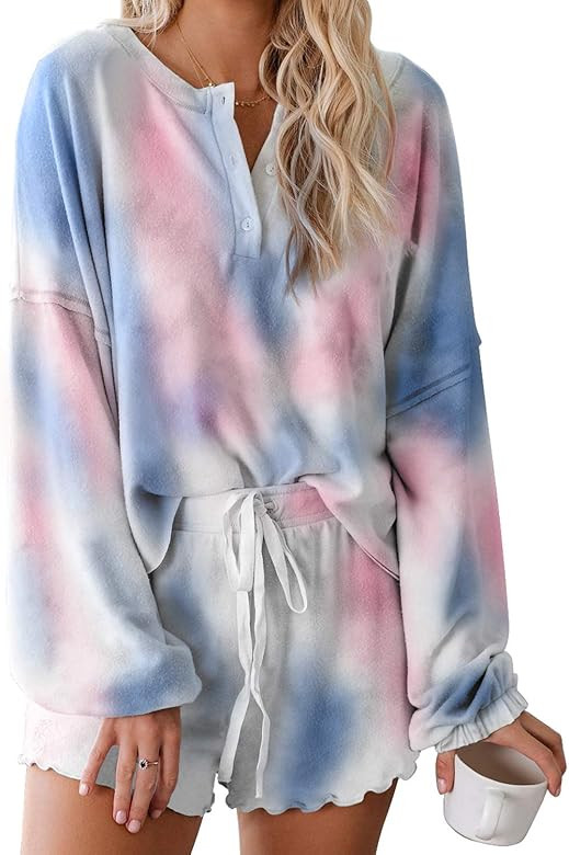 Womens Tie Dye Printed Ruffle Short Pajamas Set Long Sleeve Tops and Shors PJ Set Loungewear Nigh... | Amazon (US)