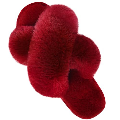 Parlovable Women's Fuzzy Slippers Comfy Cross Band House Shoes Memory Foam Open Toe Indoor Gifts for Ladies Burgundy 9-10 | Amazon (US)