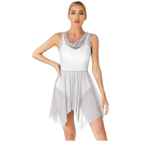 CHICTRY Womens Draped Neck See-Through Dance Dress Shiny Glitters Modern Dance Choir Performance Costume A Silver L | Walmart (US)
