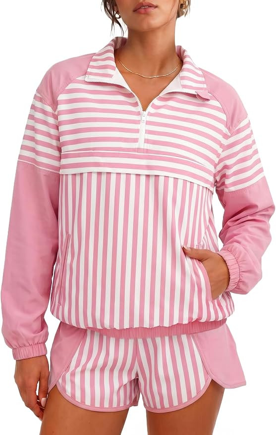 Fisoew Striped 2 Piece Sets for Women Tennis Athletic Short Set Fall Outfit | Athleisure, Oversiz... | Amazon (US)