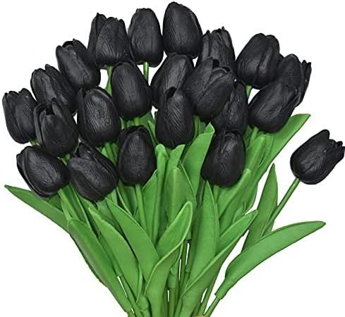 WISTART Halloween 24pcs Black Artificial Tulips Flowers Fake Faux PU Tulip Bouquet Real Touch Flower | Amazon (US)