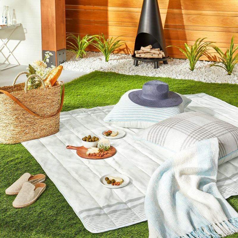 Border Stripe Summer Picnic Blanket Light Blue/Gray/Cream - Hearth & Hand™ with Magnolia | Target