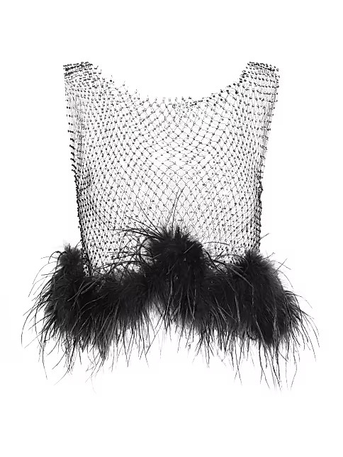 Pia Feather-Trim Rhinestone Mesh Top | Saks Fifth Avenue