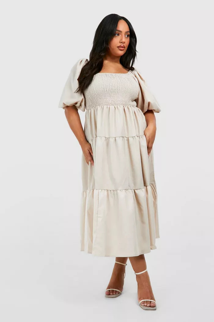 Plus Tiered Shirred Midi Smock Dress | boohoo (US & Canada)