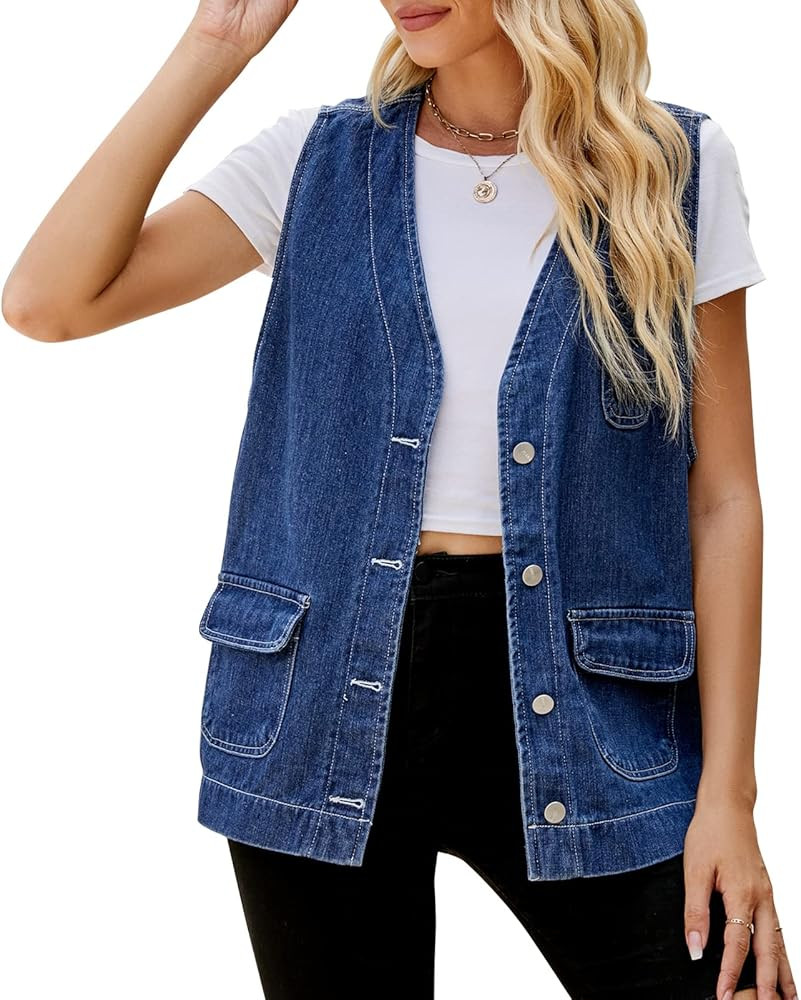 SEAUR Women’s Vintage Washed Distressed Denim Vest Loose Mid Long Jean Vest Casual Sleeveless D... | Amazon (CA)
