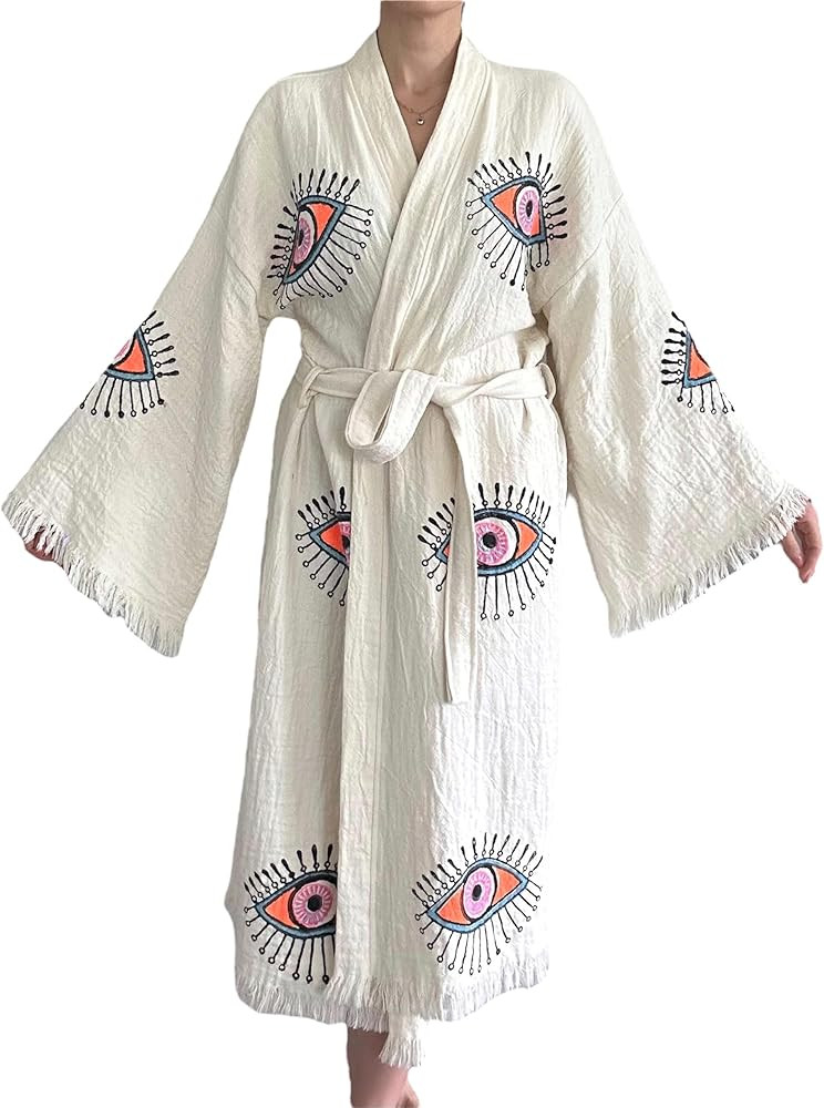 Pinus Evil Eye Kimono Robe Hand Painted, 100% Cotton, Robe, Loungewear, housecoat One Size Fits X... | Amazon (US)