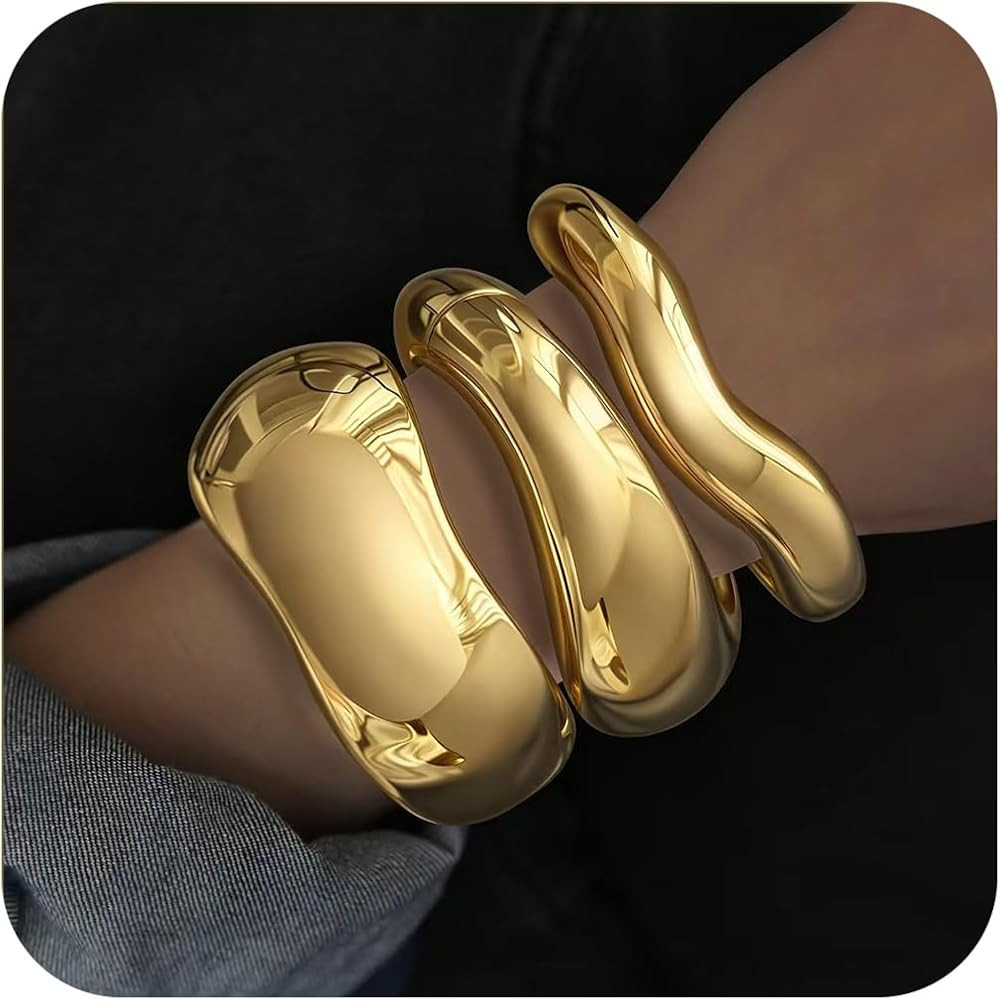 BROCC 3PCS Chunky Gold Bangle Bracelets for Women Trendy Wide Wrist Stackable Bangles Set Open Hi... | Amazon (US)
