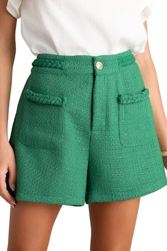 Cicy Bell Womens Tweed Summer Shorts High Waisted Wide Leg Dressy Casual Shorts with Front Pockets (US, Alpha, XX-Large, Regular, Regular, Green) | Amazon (US)
