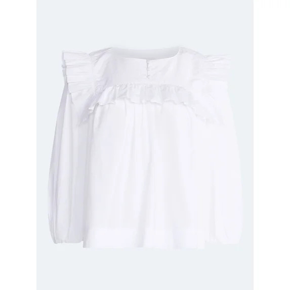 Free Assembly Women's and Women's Plus Ruffle Yoke Cotton Top with Puff Sleeves, Sizes XS-4X | Walmart (US)