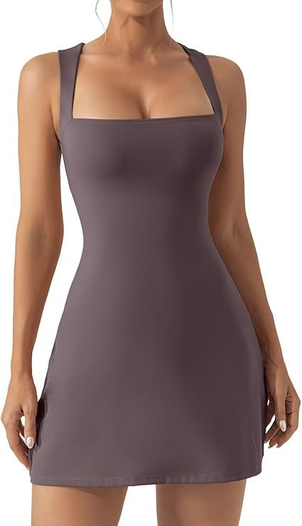 QINSEN Women's Square Neck Bodice Dress Sleeveless Tank Top Stretch Flare Mini Dresses（No Built... | Amazon (US)