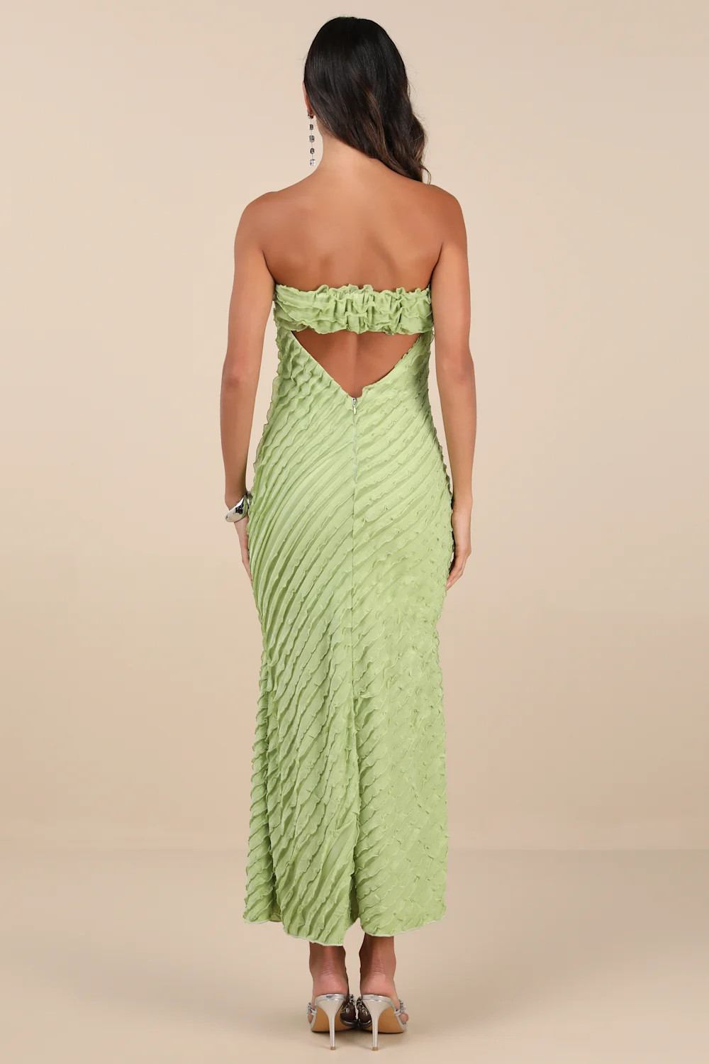 Faelyn Light Green Strapless Ruffled Midi Dress | Lulus