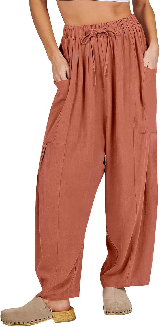 ANRABESS Women's Linen Wide Leg Pants Summer Casual Elastic Waistband Drawstring Palazzo Harem Pants | Amazon (US)