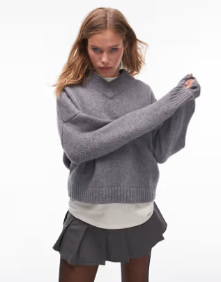 Topshop knitted premium 100% lambswool v-neck relaxed jumper in dark grey | ASOS (Global)
