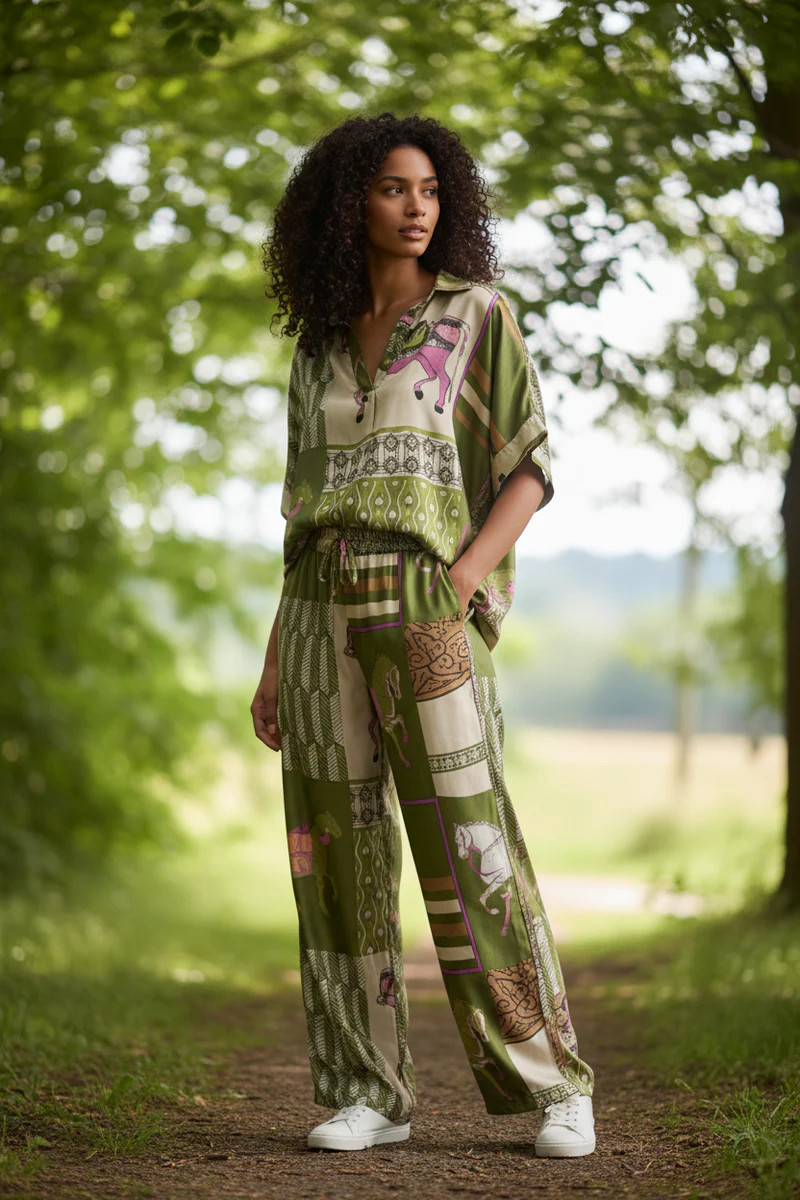 Amara Equestrian Print Silky Pants - Olive | Benaar La