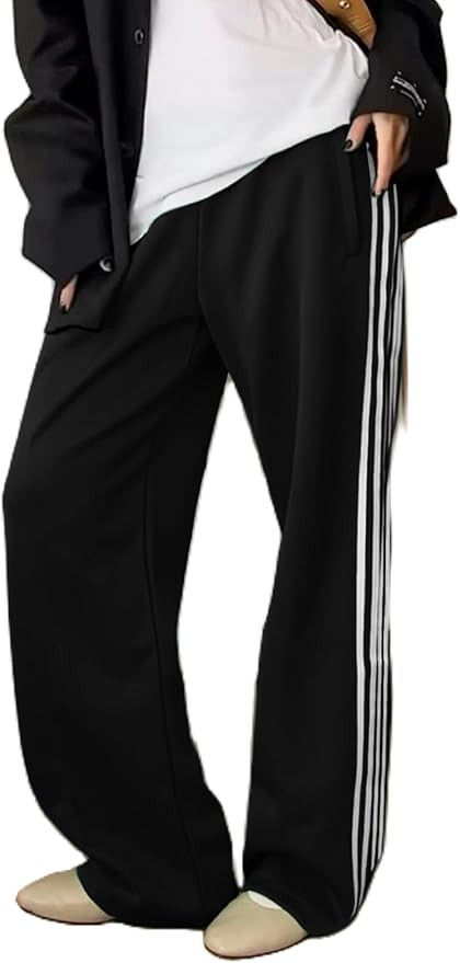 KMBANGI Women Striped Track Pants Elastic Waist Straight Leg Sweatpants Joggers Wide Leg Side Str... | Amazon (US)
