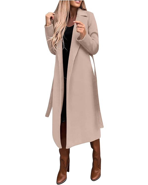 Women's Long Trench Coat Windproof Classic Lapel Slim Overcoat Faux Wool Coat Blouse Ladies Ring ... | Amazon (US)