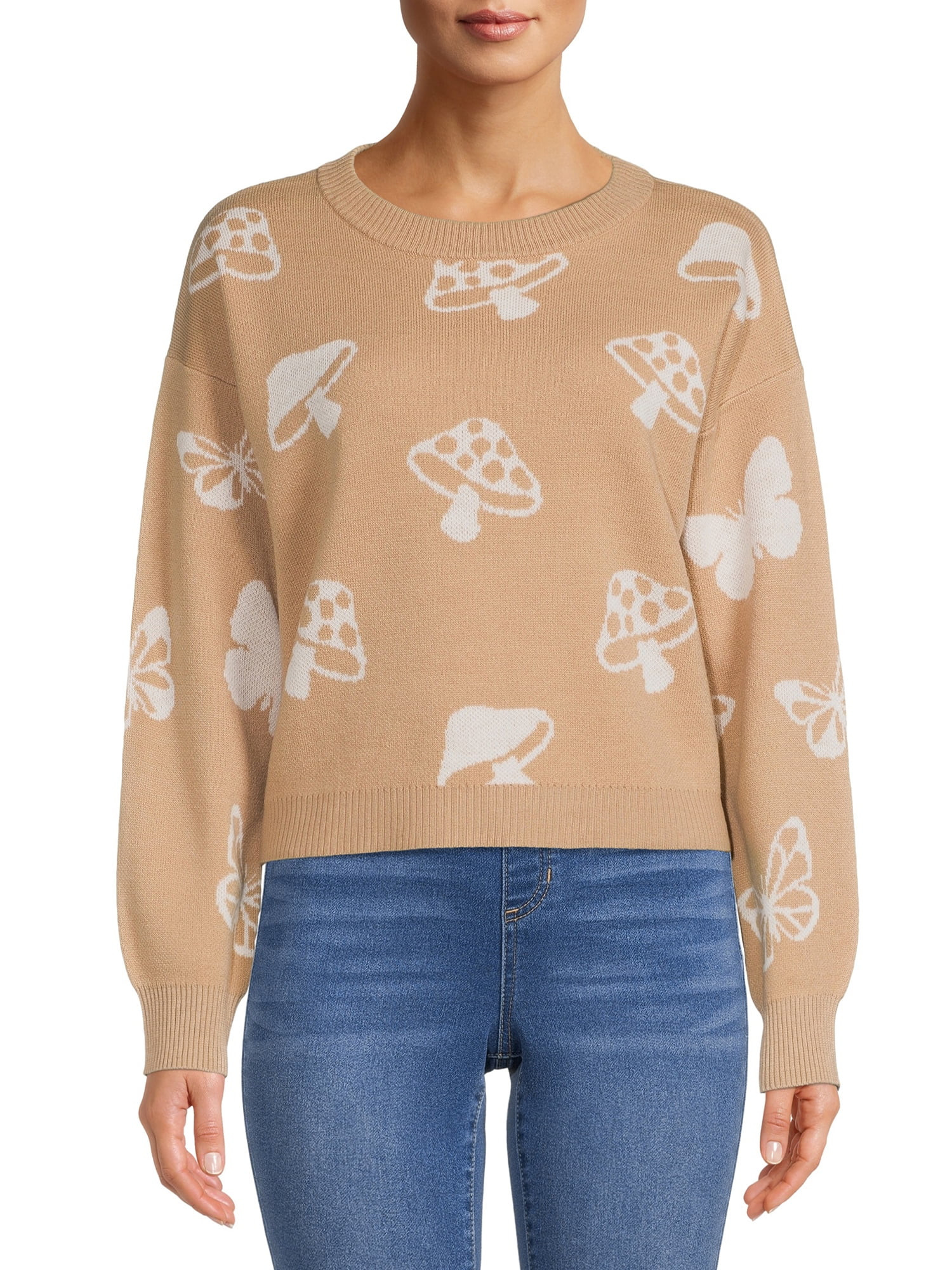 No Boundaries Junior's Cropped Print Sweater, Midweight, Sizes XS-XXXL | Walmart (US)