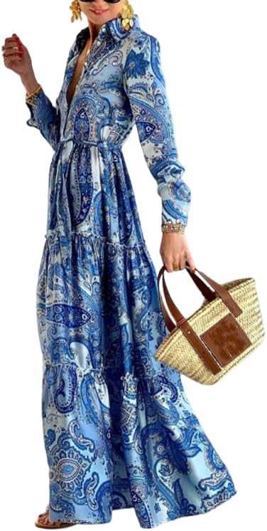Women's Paisley Print Maxi Dress Long Sleeve Button Down Tiered Ruffle Boho Vacation Dress | Amazon (US)