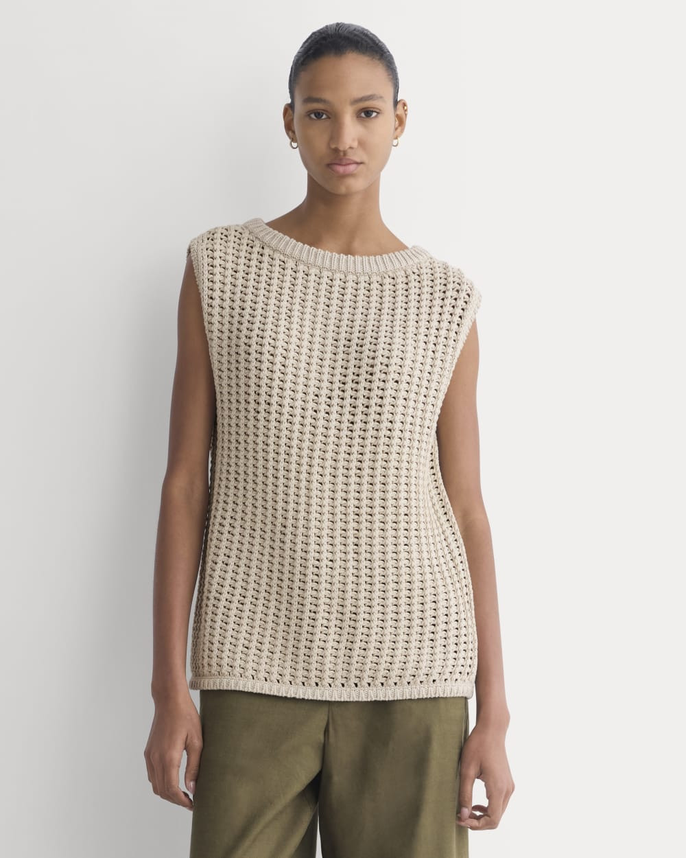 Everlane Open-Knit Tunic Sweater Vest in Elevated Cotton In Peyote, Size Large | Everlane