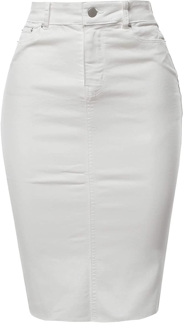 A2Y Women's Slim Fit Rayon Knee Length Unhem Back Slit Denim Jean Pencil Skirt | Amazon (US)