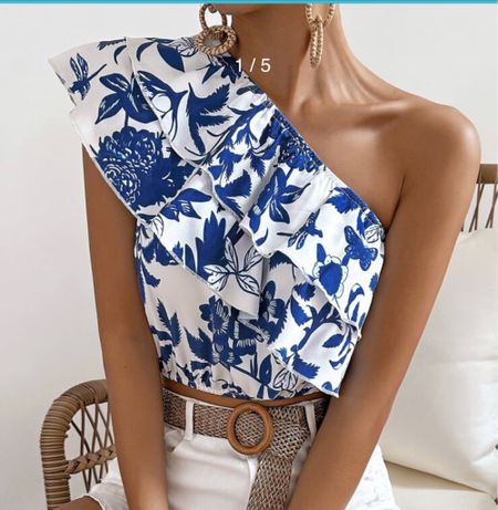 Blue & white top, blue & white floral top, ruffle top, one shoulder top, floral shirts, tank top, vacation outfits, grandmillennial outfit

#LTKunder100 #LTKSeasonal #LTKunder50