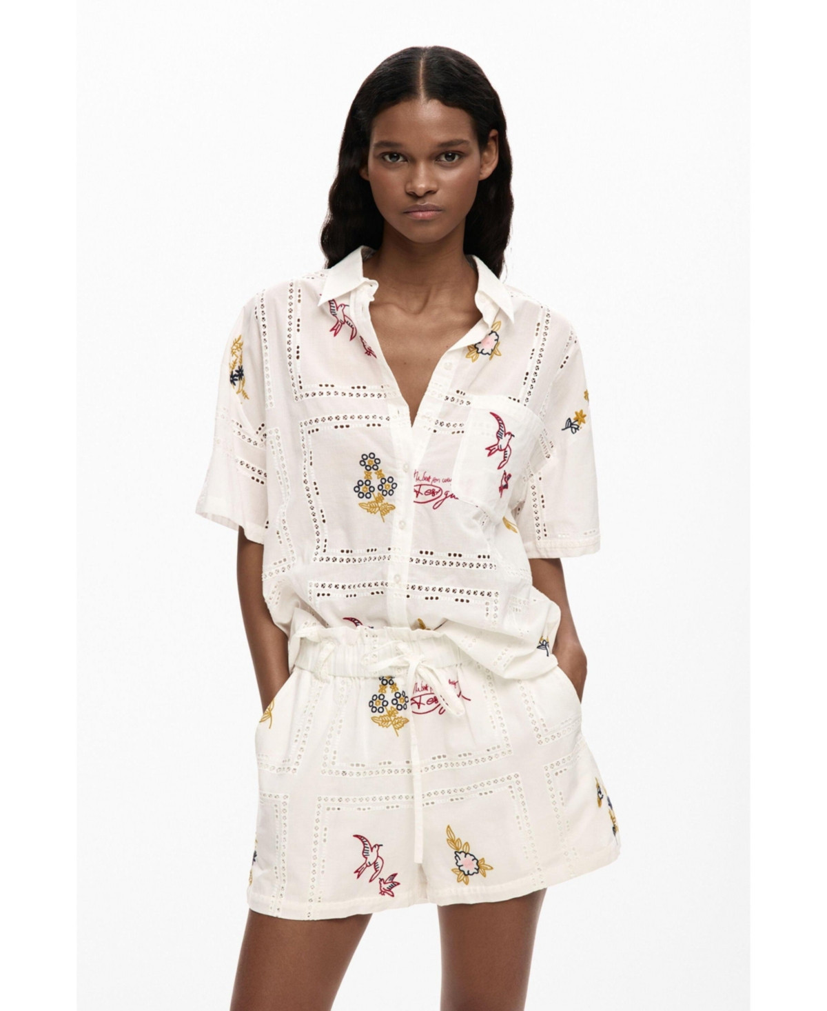 Desigual Women's Short-sleeve embroidered shirt - White | Macy's