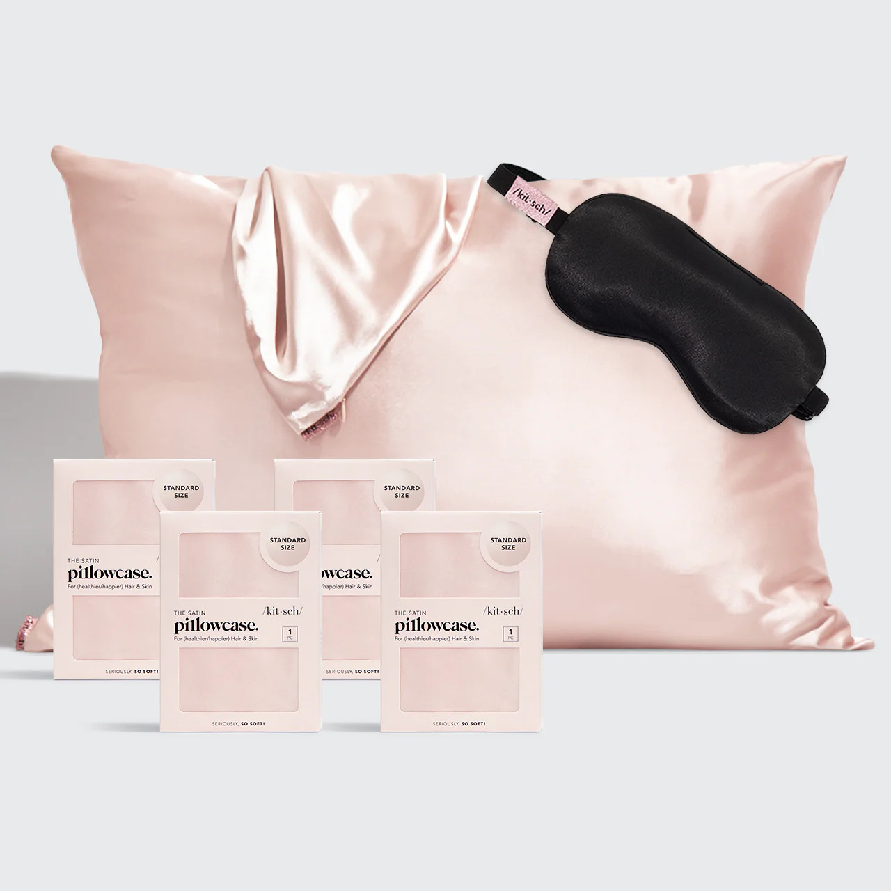 Kitsch Luxe Satin Pillowcase & Eye Mask Bundle in Blush | Free Shipping over $35 | Kitsch